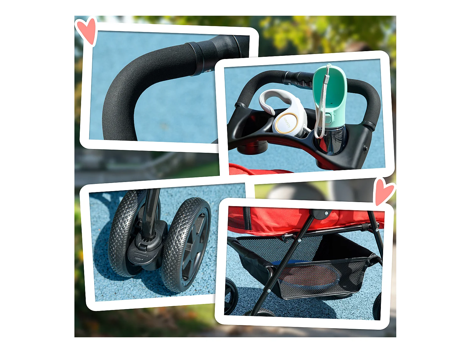 Poussette pliante pour petit chien et chat, tissu oxford, rouge, avec roues pivotantes et panier de rangement (67x45x96cm)