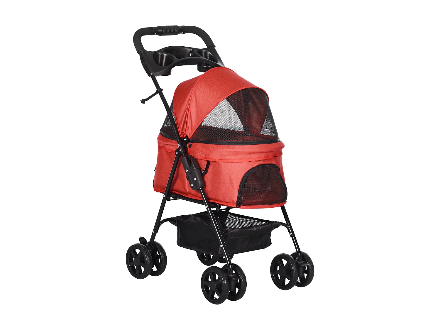 Poussette pliante pour petit chien et chat, tissu oxford, rouge, avec roues pivotantes et panier de rangement (67x45x96cm)