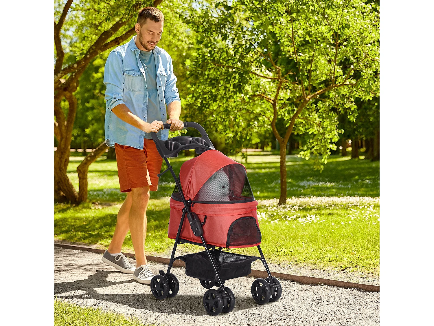Poussette pliante pour petit chien et chat, tissu oxford, rouge, avec roues pivotantes et panier de rangement (67x45x96cm)