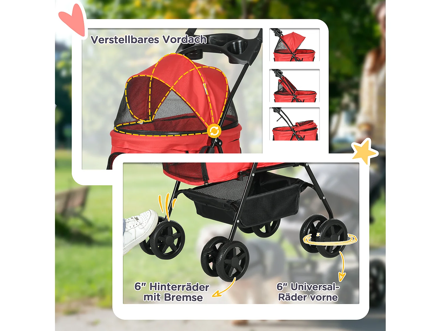 Poussette pliante pour petit chien et chat, tissu oxford, rouge, avec roues pivotantes et panier de rangement (67x45x96cm)