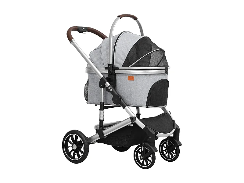 Chariot 3 en 1 pour chien et chat pliable, polyester, gris clair, avec coussin et rangement (83x61x103 cm)