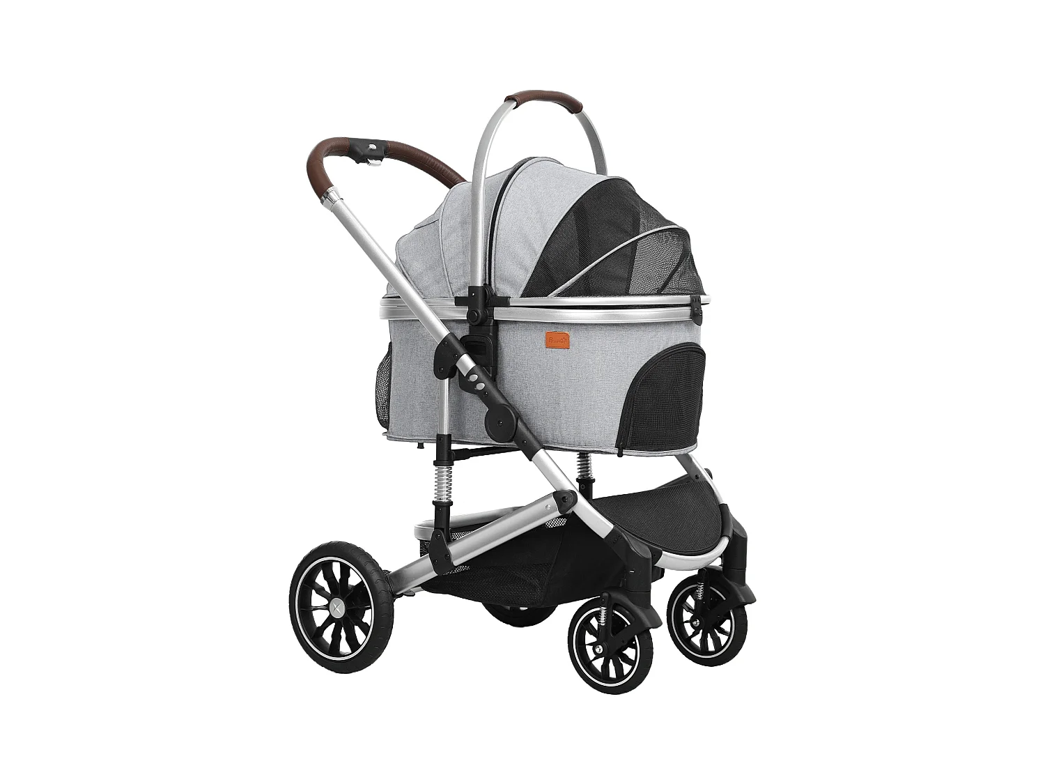 Chariot 3 en 1 pour chien et chat pliable, polyester, gris clair, avec coussin et rangement (83x61x103 cm)