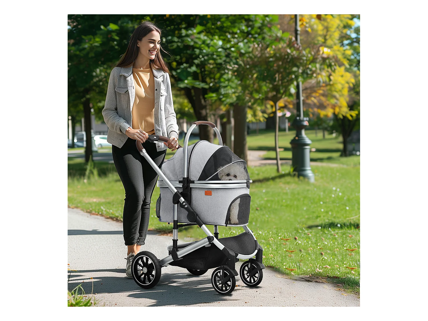 Chariot 3 en 1 pour chien et chat pliable, polyester, gris clair, avec coussin et rangement (83x61x103 cm)