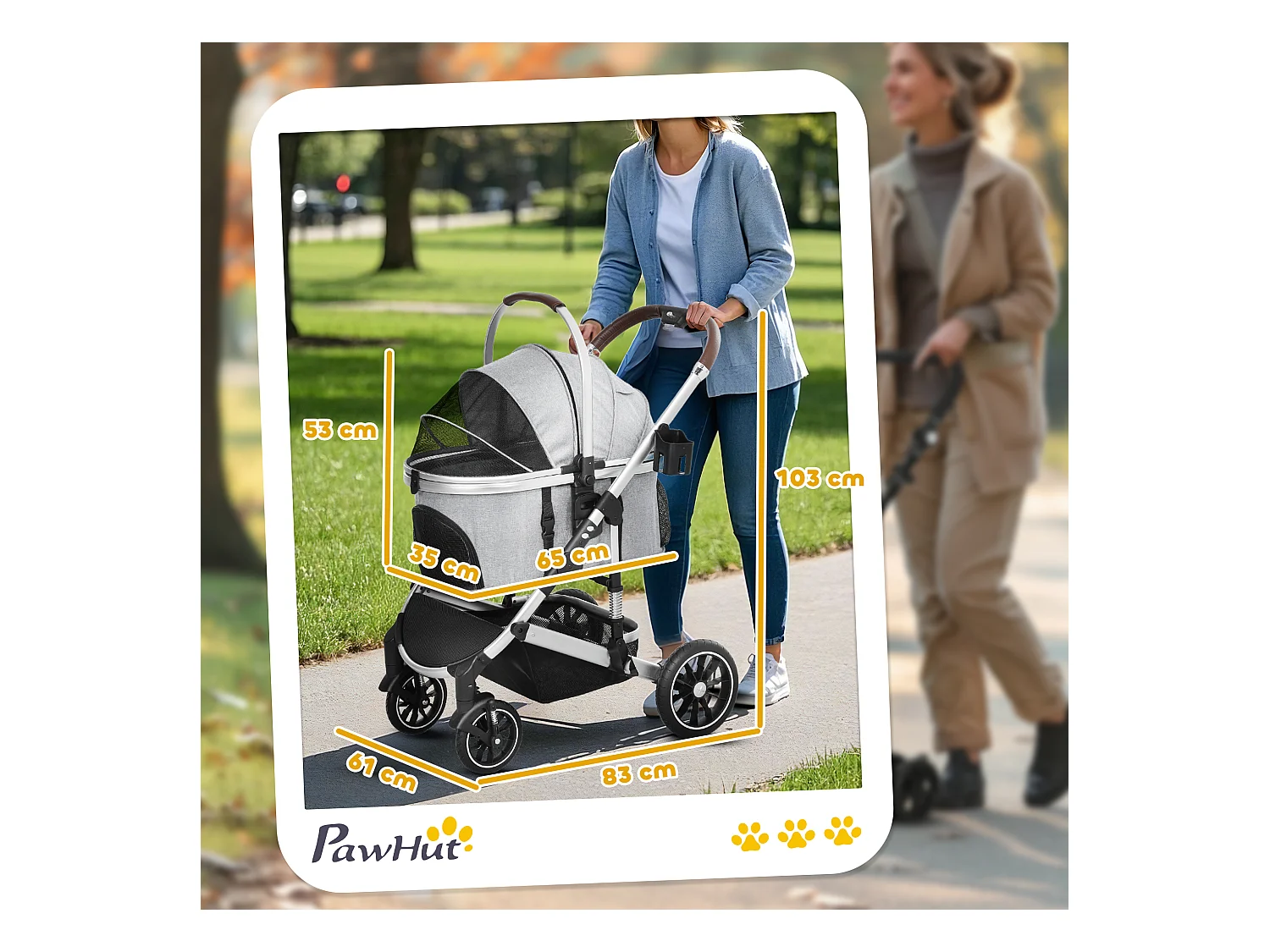 Chariot 3 en 1 pour chien et chat pliable, polyester, gris clair, avec coussin et rangement (83x61x103 cm)