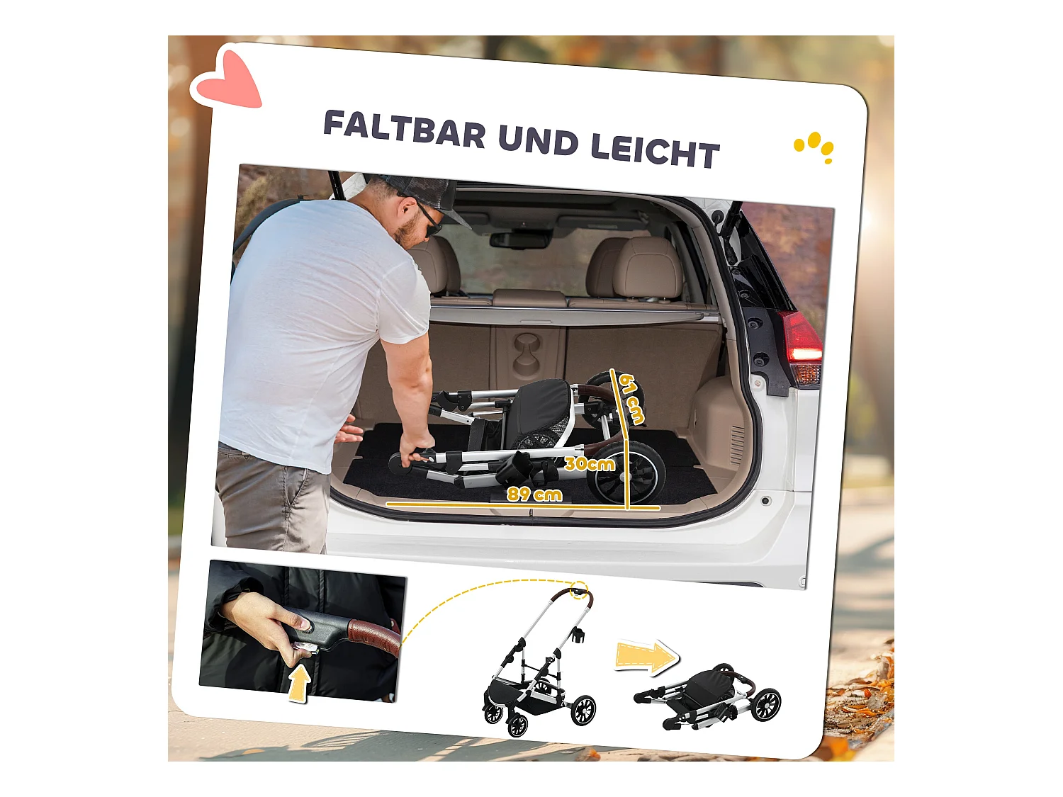 Chariot 3 en 1 pour chien et chat pliable, polyester, gris clair, avec coussin et rangement (83x61x103 cm)