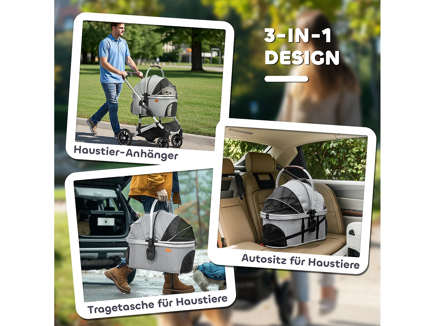 Chariot 3 en 1 pour chien et chat pliable, polyester, gris clair, avec coussin et rangement (83x61x103 cm)