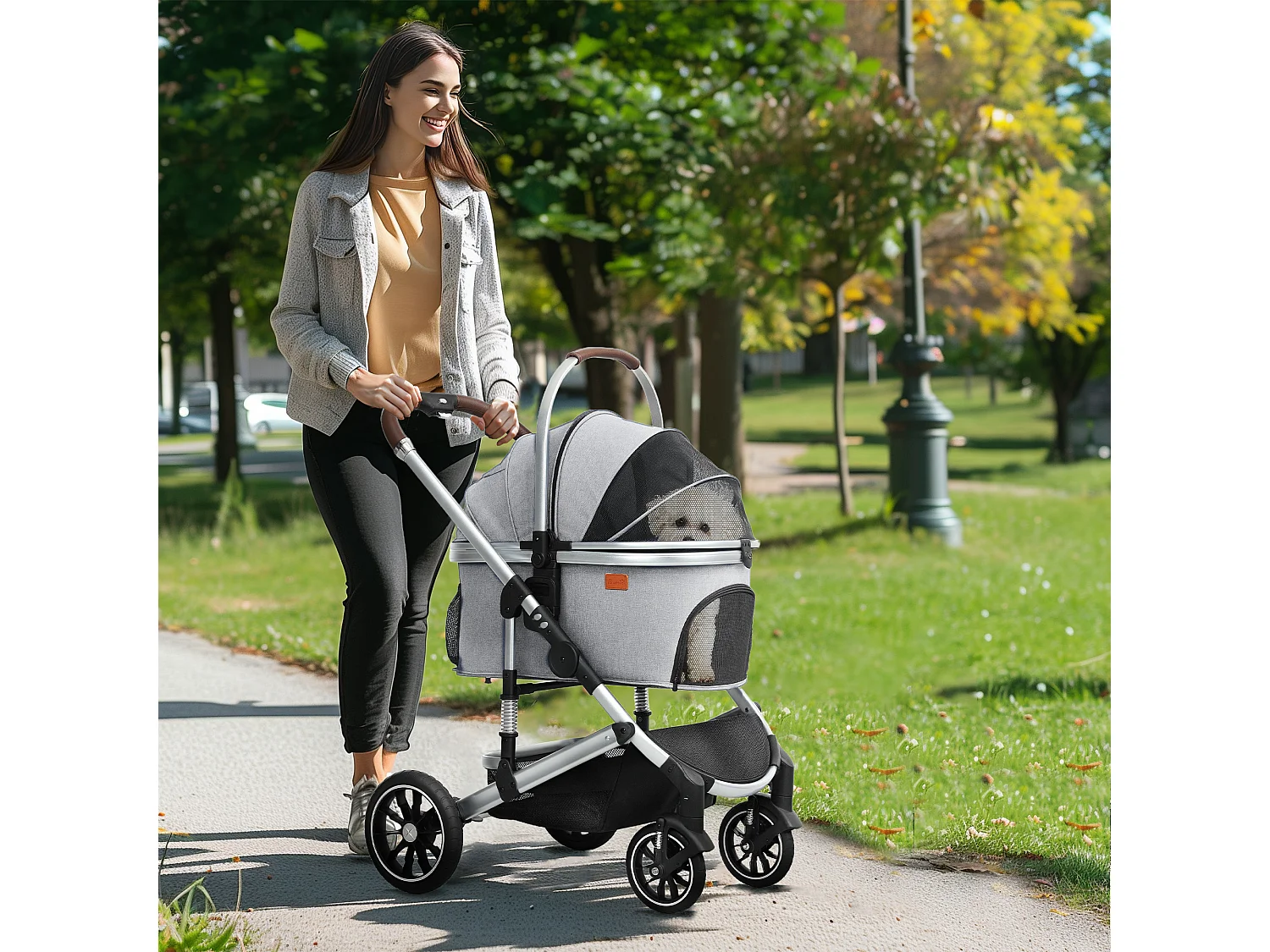 Chariot 3 en 1 pour chien et chat pliable, polyester, gris clair, avec coussin et rangement (83x61x103 cm)