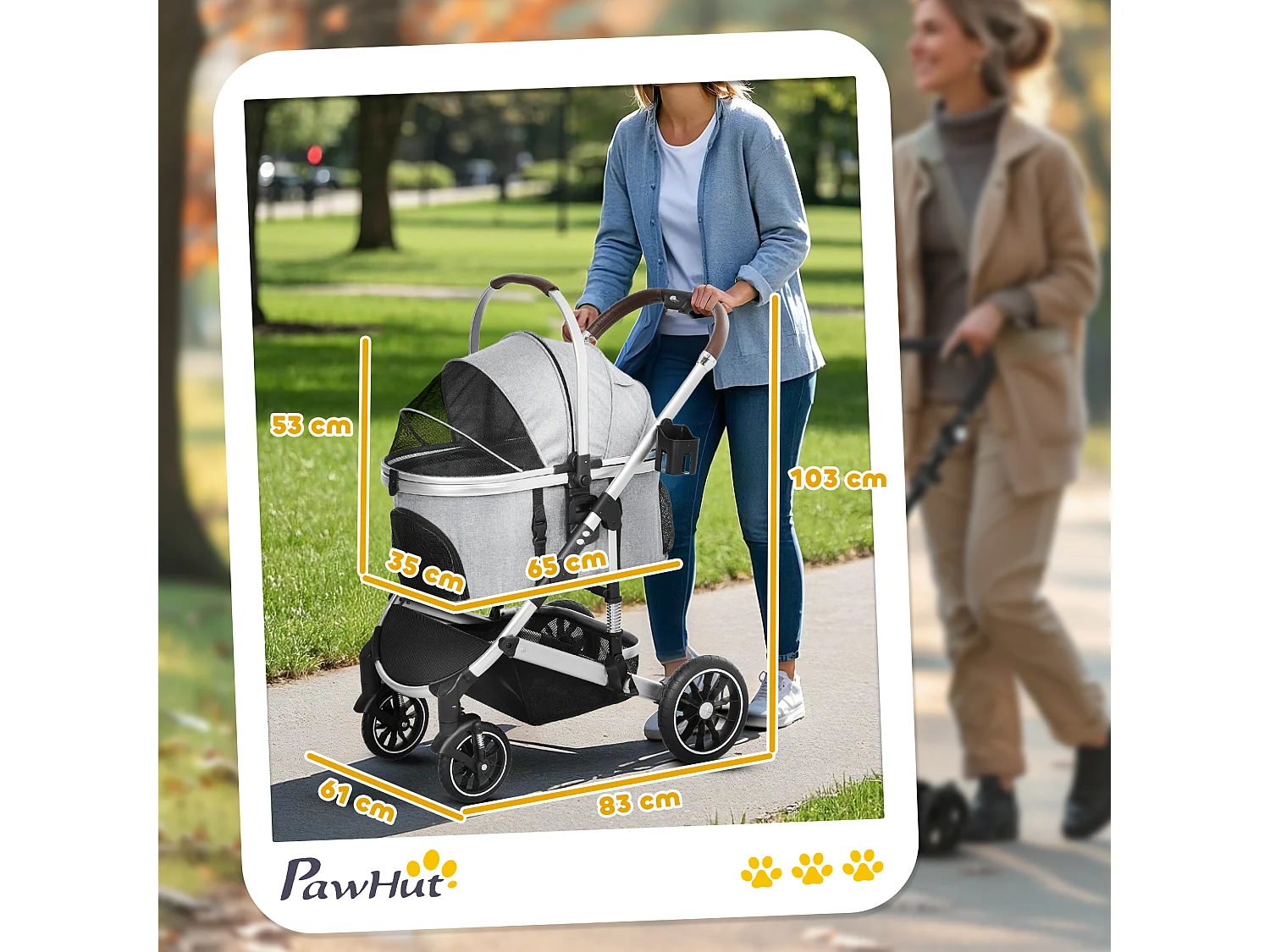 Chariot 3 en 1 pour chien et chat pliable, polyester, gris clair, avec coussin et rangement (83x61x103 cm)