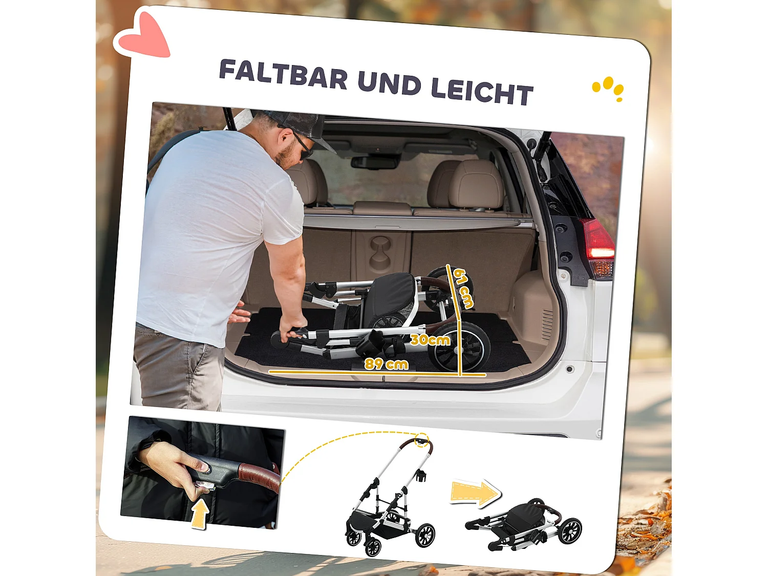 Chariot 3 en 1 pour chien et chat pliable, polyester, gris clair, avec coussin et rangement (83x61x103 cm)