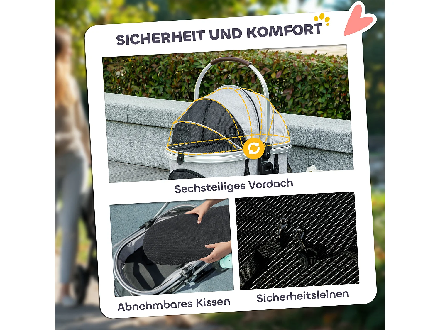 Chariot 3 en 1 pour chien et chat pliable, polyester, gris clair, avec coussin et rangement (83x61x103 cm)