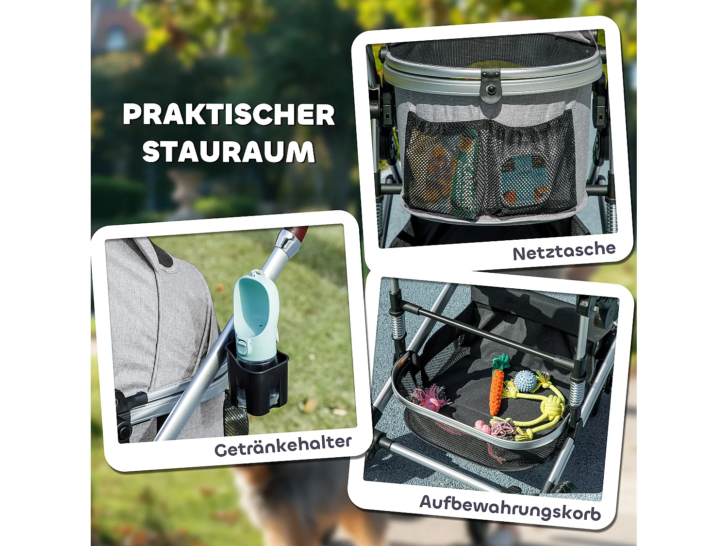 Chariot 3 en 1 pour chien et chat pliable, polyester, gris clair, avec coussin et rangement (83x61x103 cm)