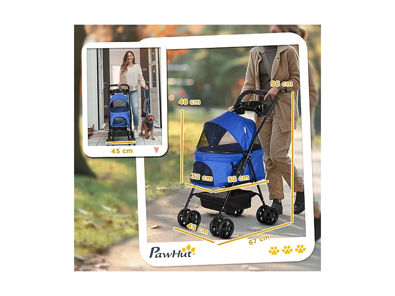 Poussette pour chien et chat pliable, design pratique, tissu oxford, bleu (67x45x96cm)