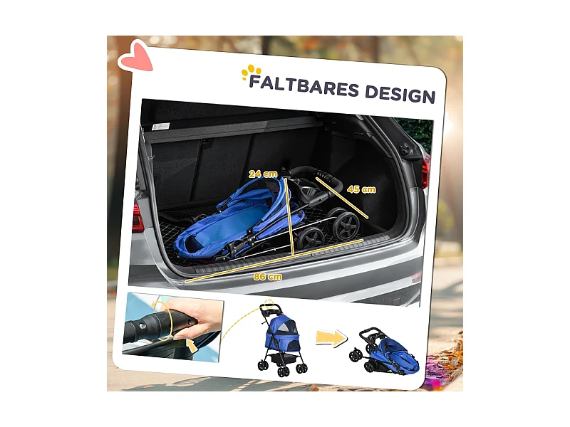 Poussette pour chien et chat pliable, design pratique, tissu oxford, bleu (67x45x96cm)