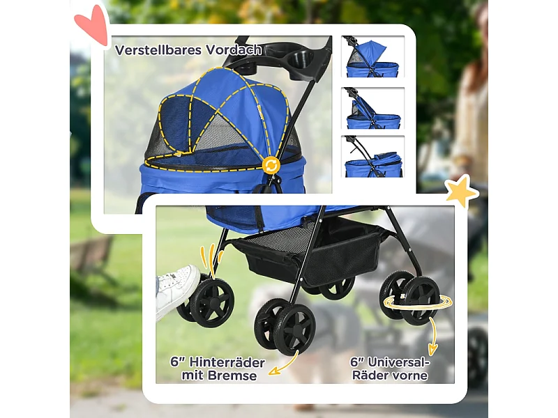 Poussette pour chien et chat pliable, design pratique, tissu oxford, bleu (67x45x96cm)