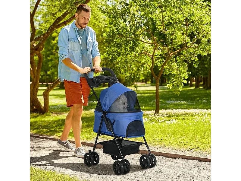 Poussette pour chien et chat pliable, design pratique, tissu oxford, bleu (67x45x96cm)