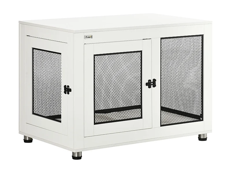 Cage pour chien avec plateau de table, 2 portes, panneau de particules, blanc et noir (94x60x71.5 cm)