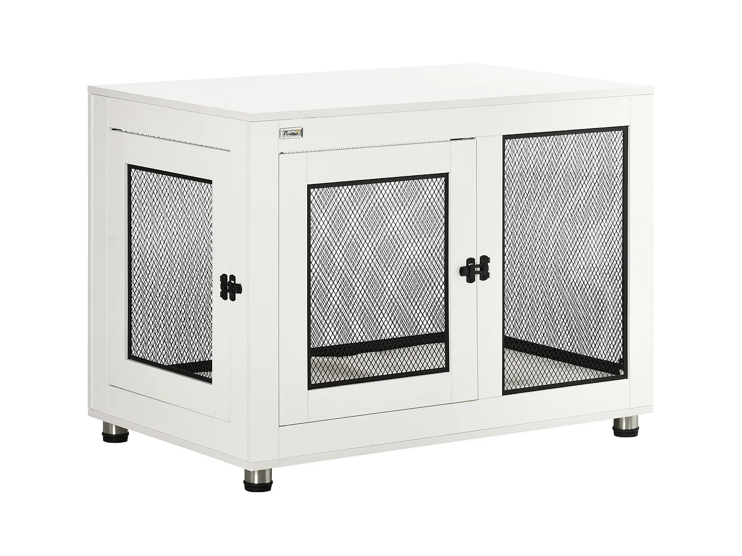 Cage pour chien avec plateau de table, 2 portes, panneau de particules, blanc et noir (94x60x71.5 cm)