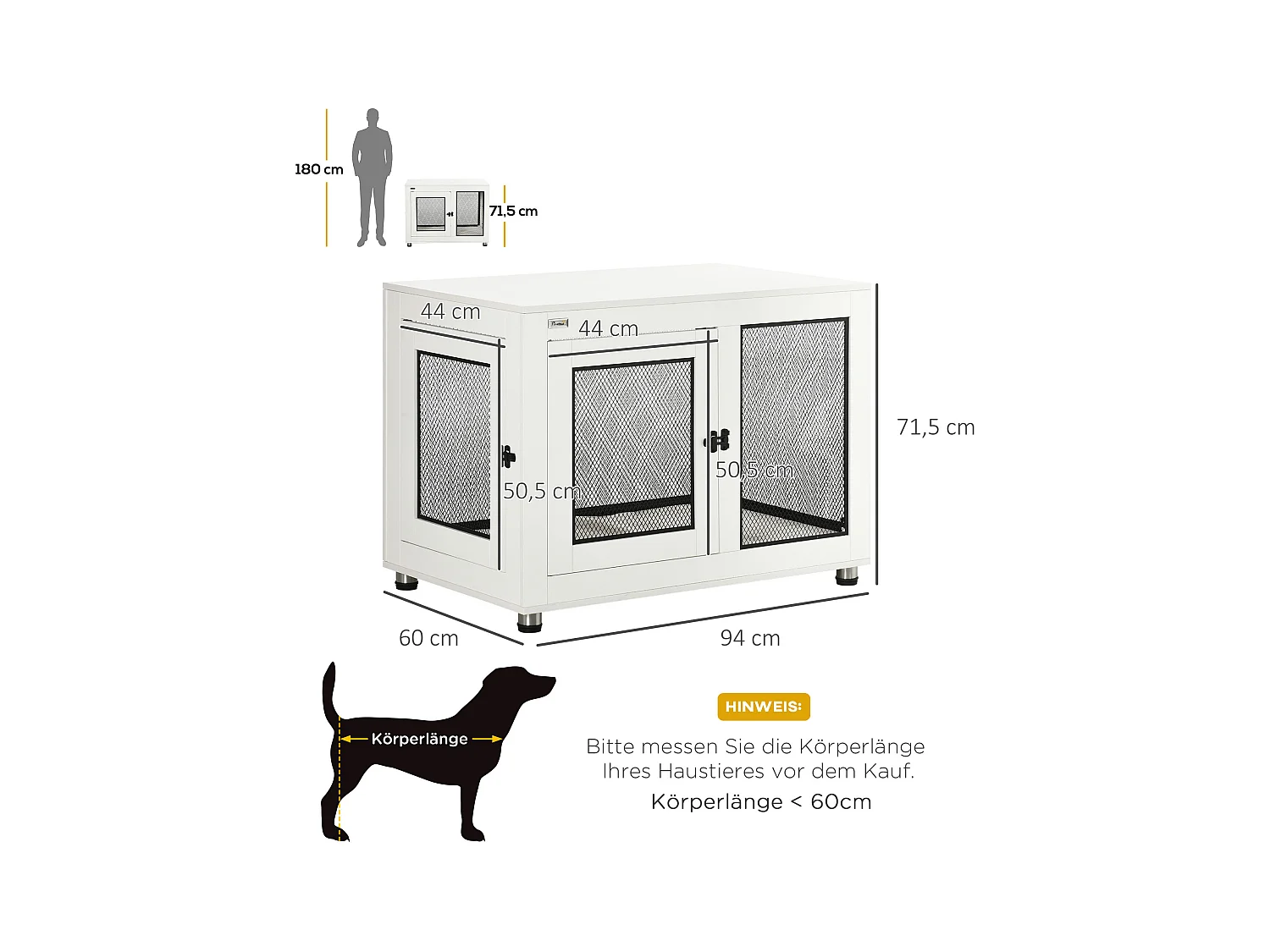 Cage pour chien avec plateau de table, 2 portes, panneau de particules, blanc et noir (94x60x71.5 cm)
