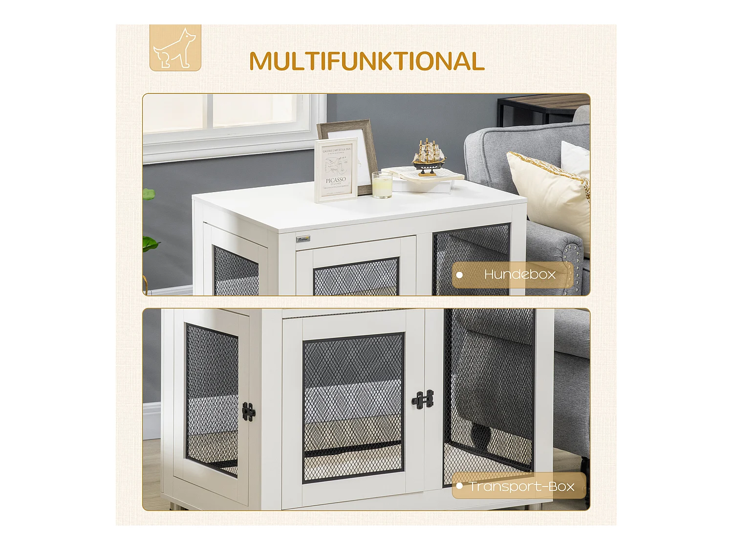 Cage pour chien avec plateau de table, 2 portes, panneau de particules, blanc et noir (94x60x71.5 cm)