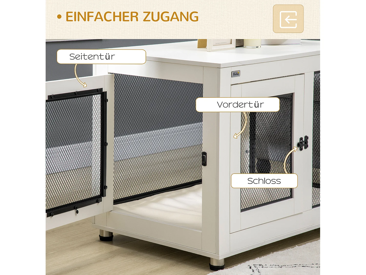 Cage pour chien avec plateau de table, 2 portes, panneau de particules, blanc et noir (94x60x71.5 cm)