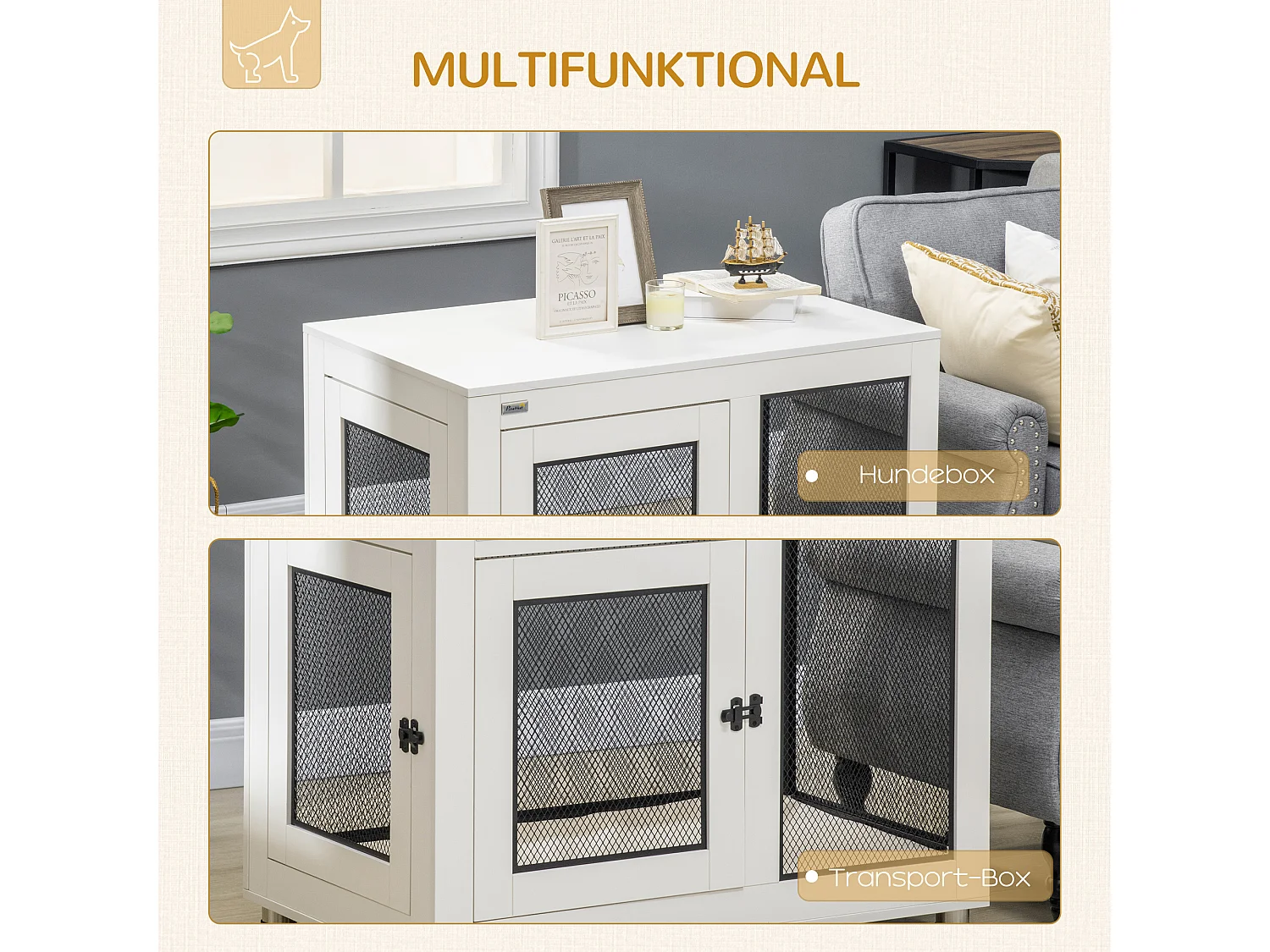 Transportín para perros con tablero de mesa, 2 puertas, tablero de partículas, blanco y negro (94x60x71,5 cm)