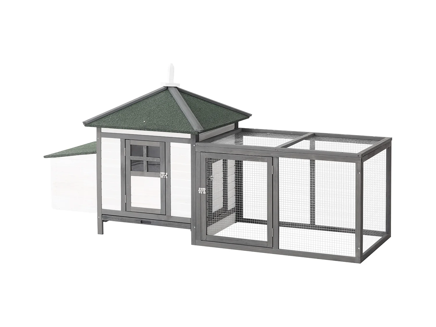 Poulailler nain avec enclos, résistant à l'hiver, en pin, gris et blanc, perchoirs et nichoir inclus (196x76x97cm)