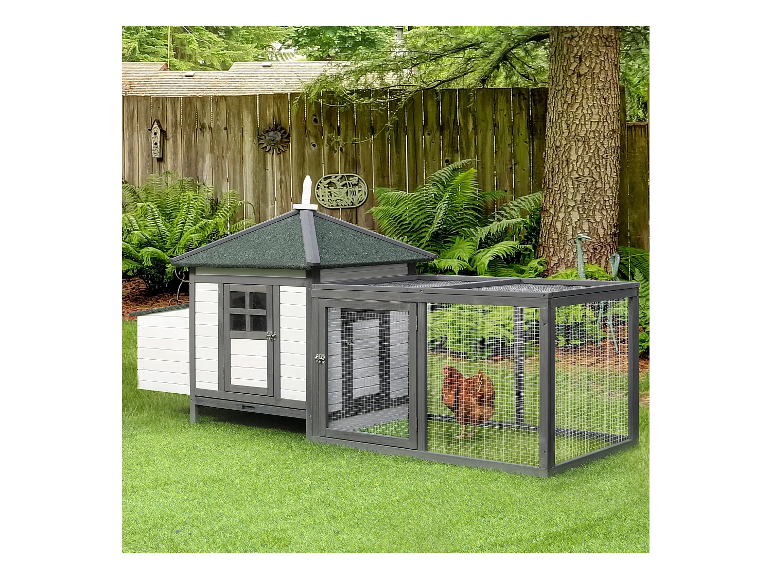 Poulailler nain avec enclos, résistant à l'hiver, en pin, gris et blanc, perchoirs et nichoir inclus (196x76x97cm)