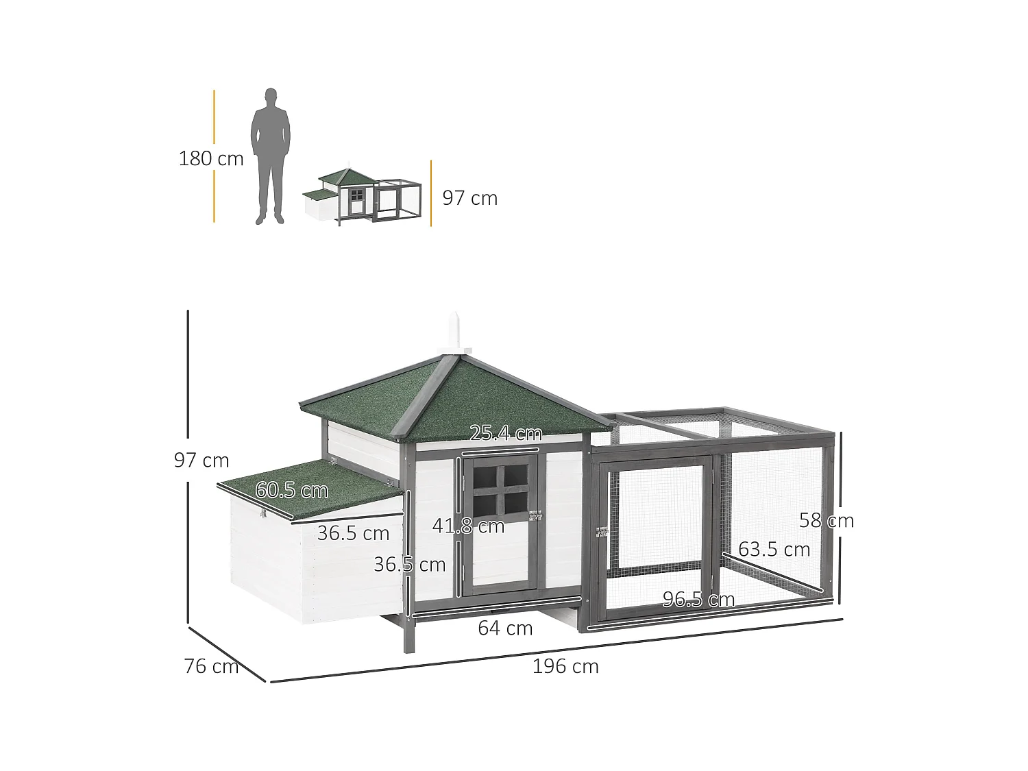 Poulailler nain avec enclos, résistant à l'hiver, en pin, gris et blanc, perchoirs et nichoir inclus (196x76x97cm)