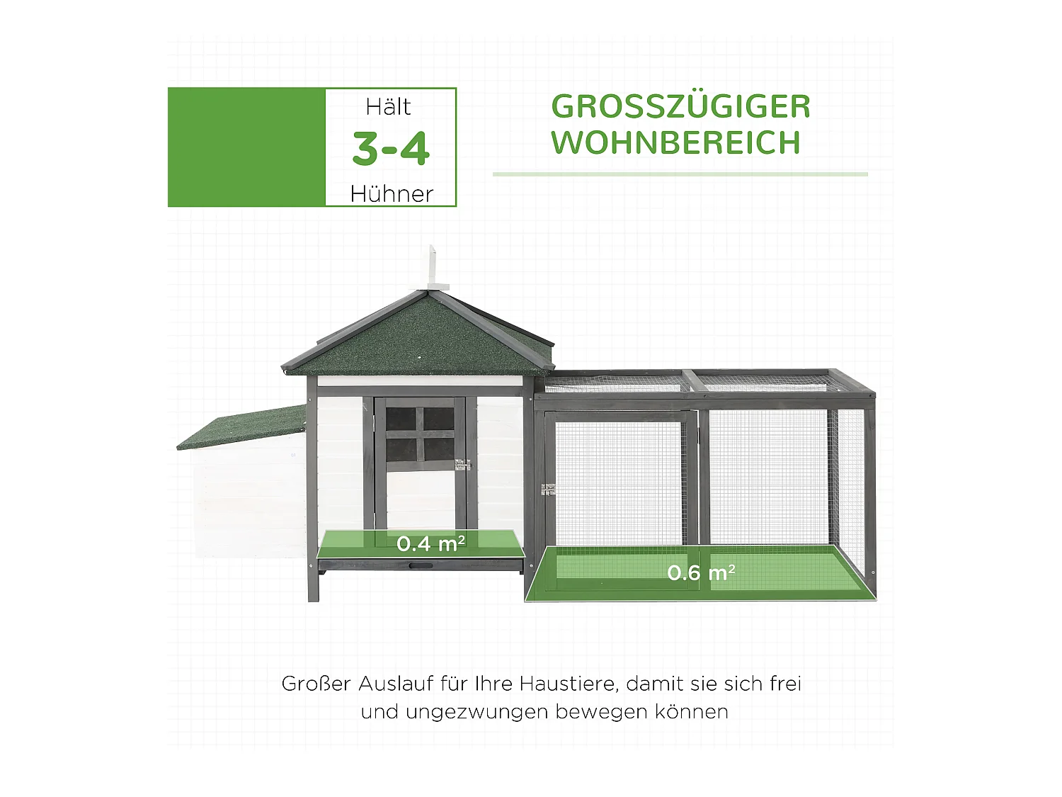 Poulailler nain avec enclos, résistant à l'hiver, en pin, gris et blanc, perchoirs et nichoir inclus (196x76x97cm)