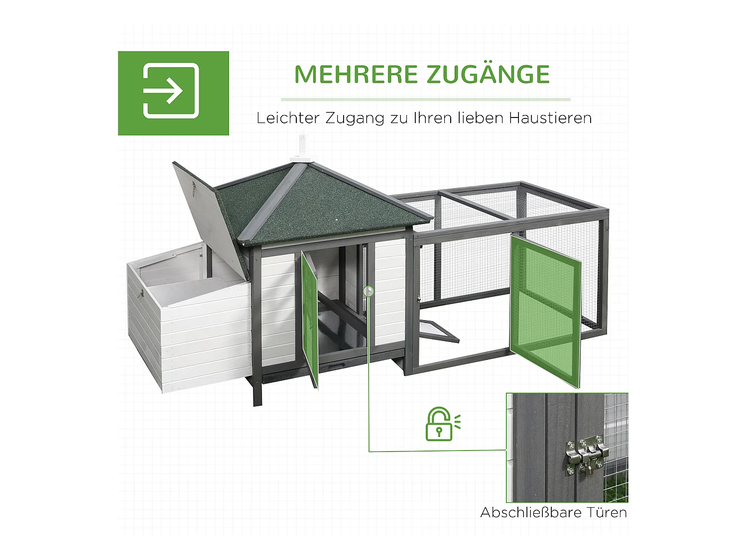 Poulailler nain avec enclos, résistant à l'hiver, en pin, gris et blanc, perchoirs et nichoir inclus (196x76x97cm)