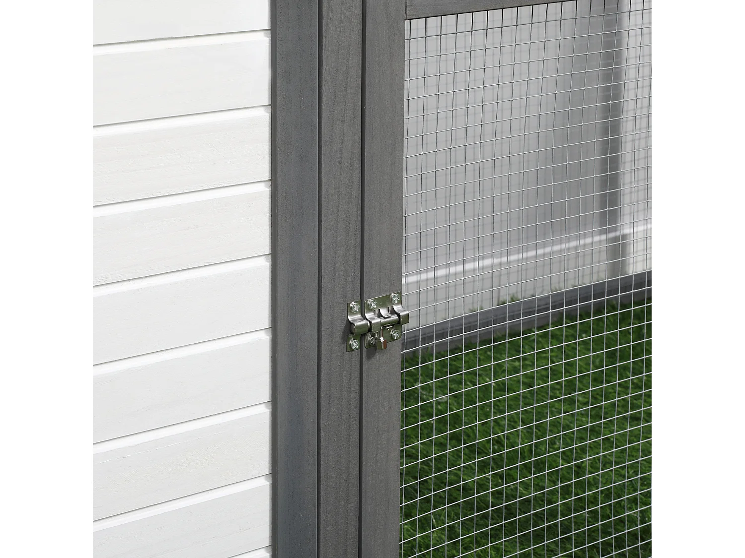 Poulailler nain avec enclos, résistant à l'hiver, en pin, gris et blanc, perchoirs et nichoir inclus (196x76x97cm)