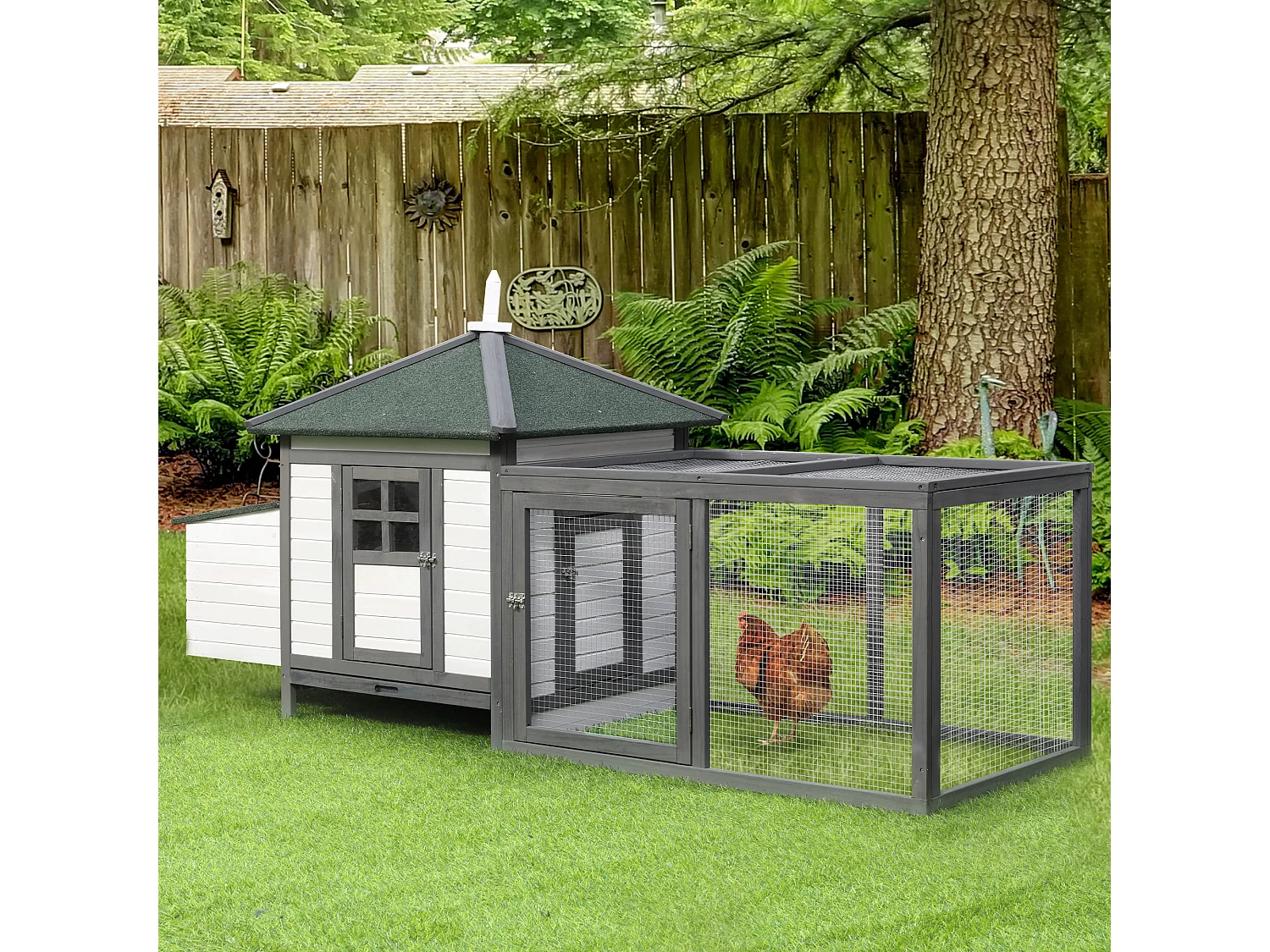 Poulailler nain avec enclos, résistant à l'hiver, en pin, gris et blanc, perchoirs et nichoir inclus (196x76x97cm)