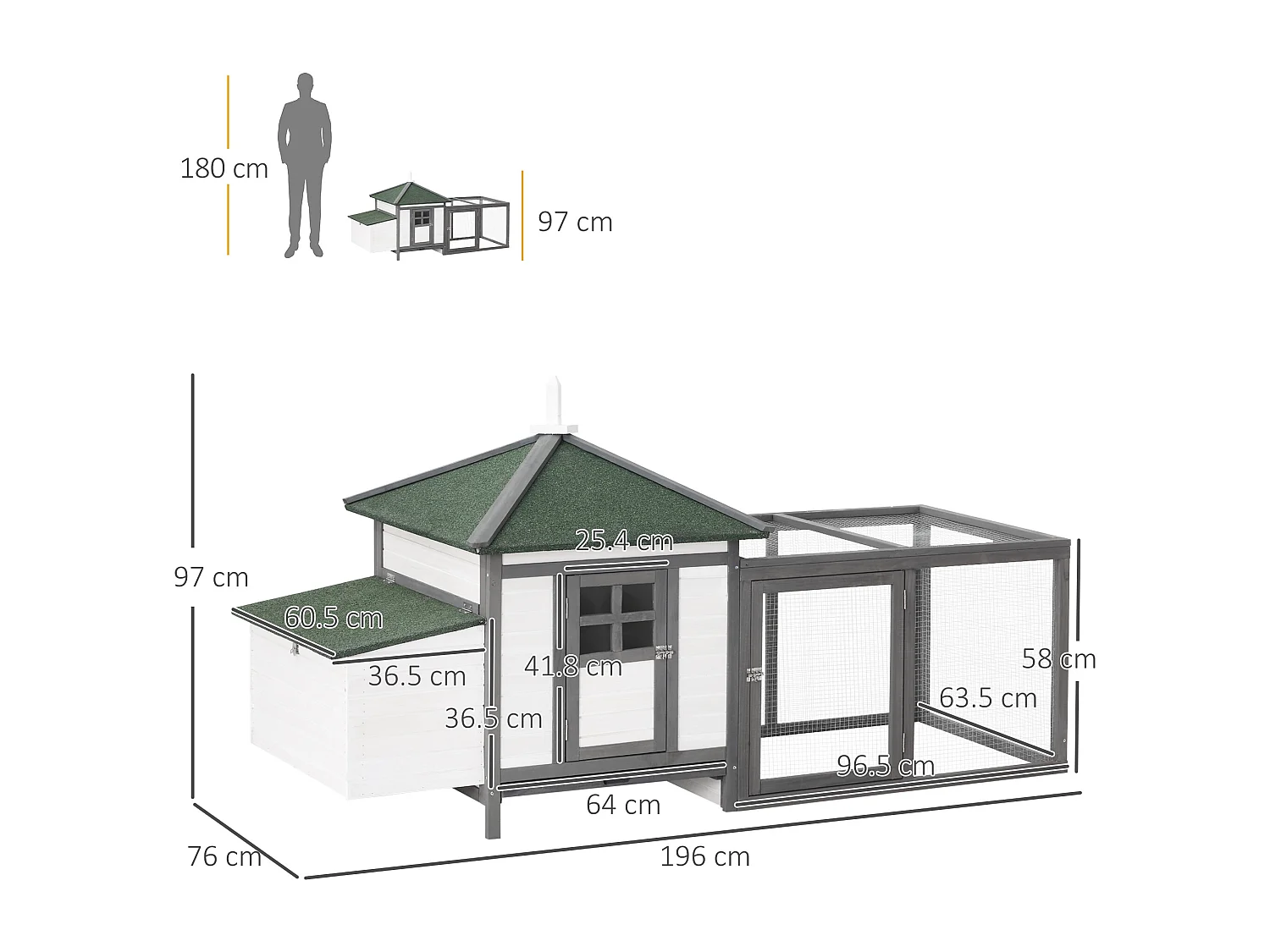 Poulailler nain avec enclos, résistant à l'hiver, en pin, gris et blanc, perchoirs et nichoir inclus (196x76x97cm)