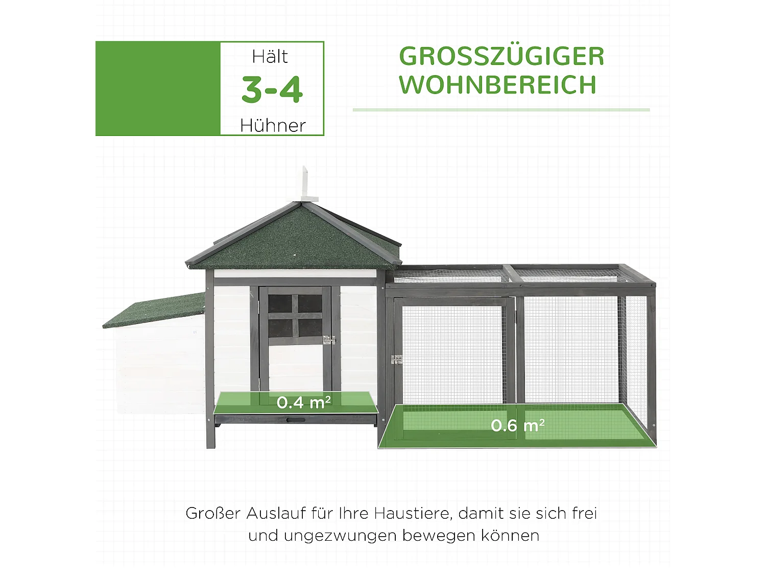 Poulailler nain avec enclos, résistant à l'hiver, en pin, gris et blanc, perchoirs et nichoir inclus (196x76x97cm)