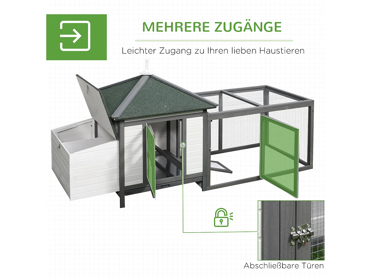 Poulailler nain avec enclos, résistant à l'hiver, en pin, gris et blanc, perchoirs et nichoir inclus (196x76x97cm)