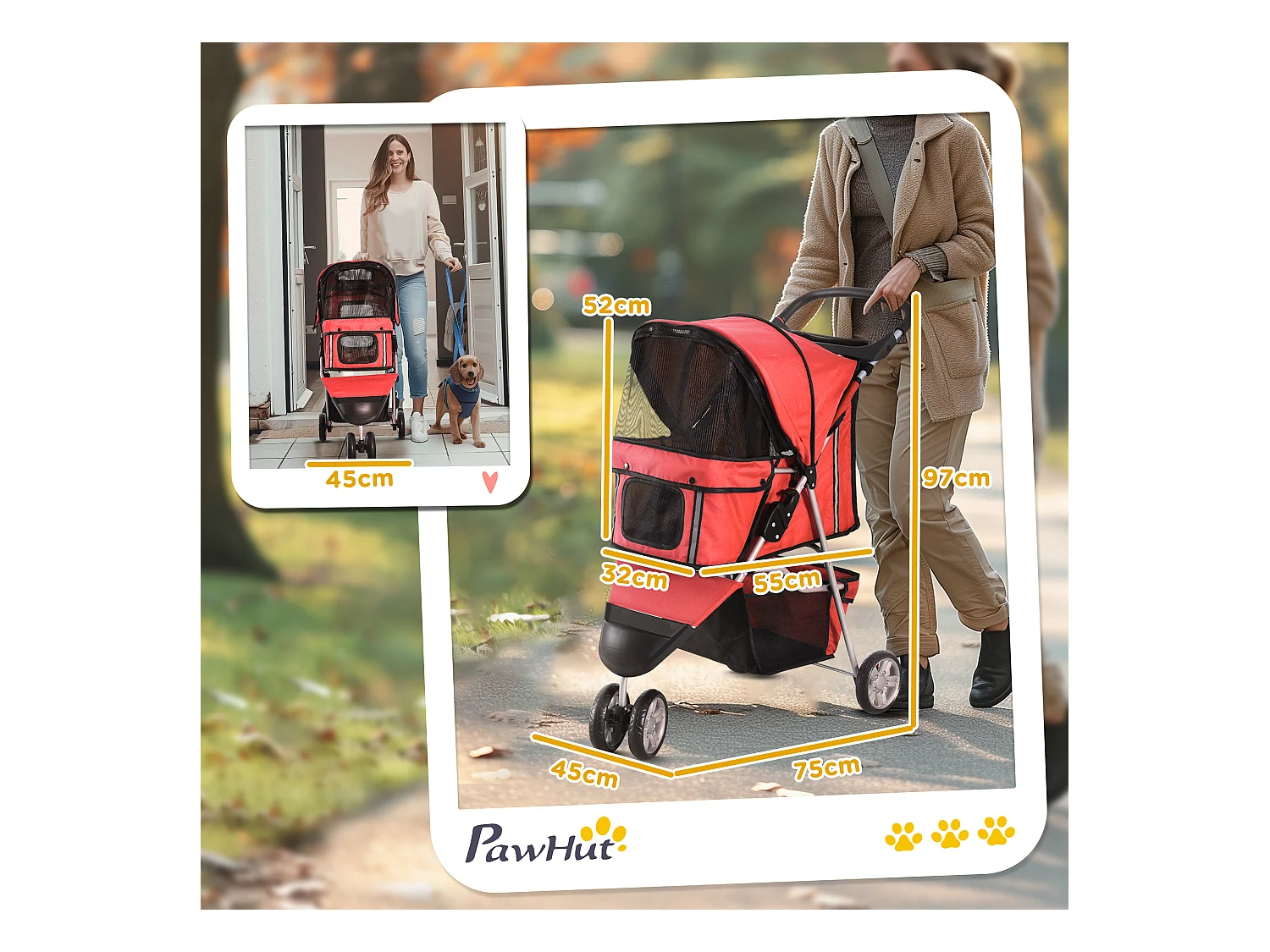 Chariot pour chien pliable et léger, en tissu Oxford, rouge, avec frein et moustiquaire (75x45x97cm)