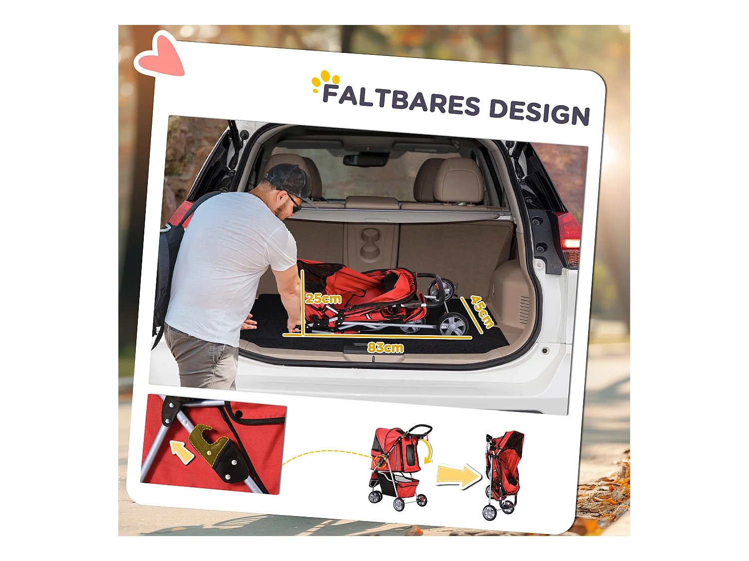 Chariot pour chien pliable et léger, en tissu Oxford, rouge, avec frein et moustiquaire (75x45x97cm)