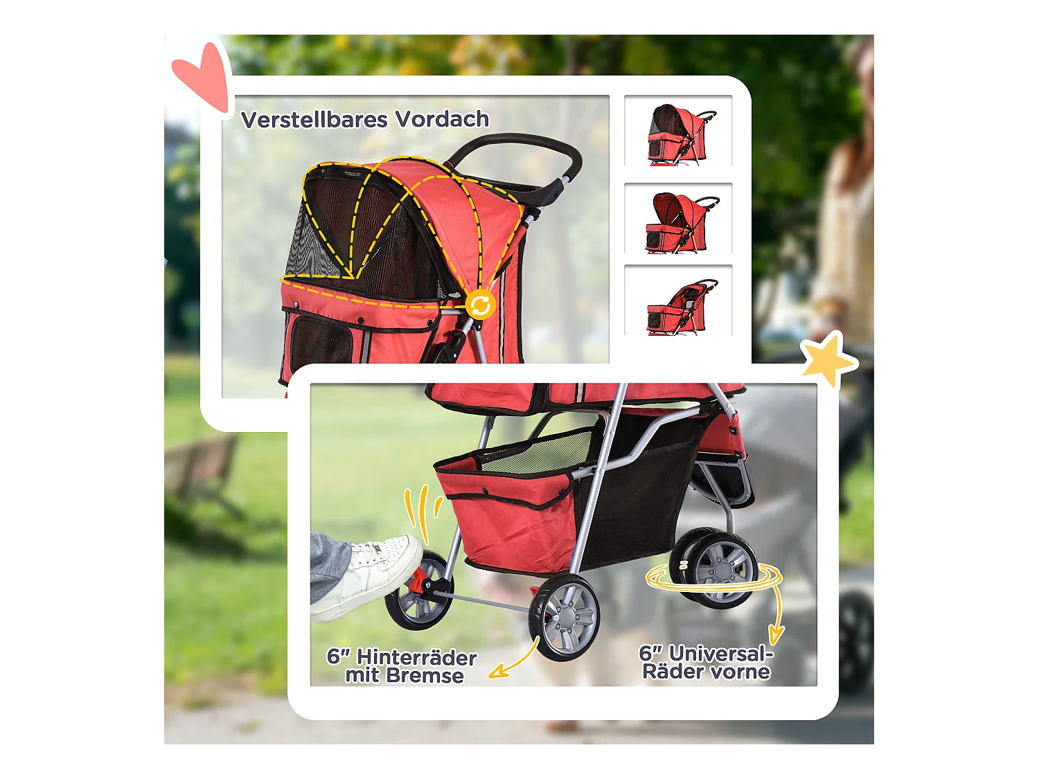 Chariot pour chien pliable et léger, en tissu Oxford, rouge, avec frein et moustiquaire (75x45x97cm)