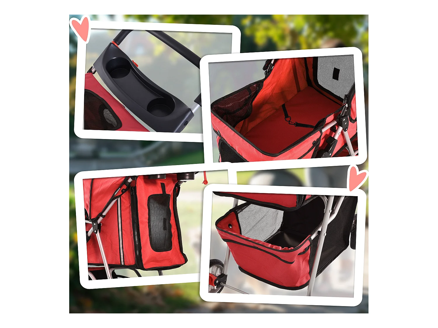 Chariot pour chien pliable et léger, en tissu Oxford, rouge, avec frein et moustiquaire (75x45x97cm)