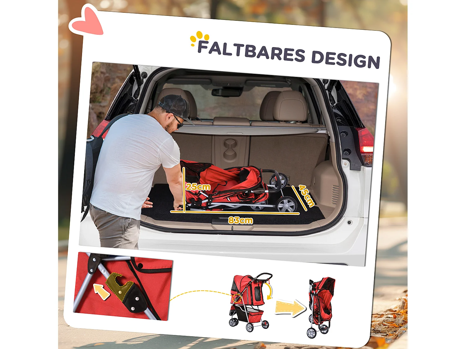 Chariot pour chien pliable et léger, en tissu Oxford, rouge, avec frein et moustiquaire (75x45x97cm)