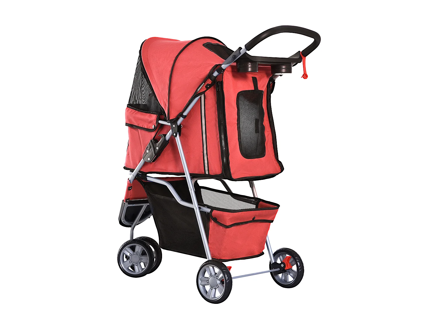 Chariot pour chien pliable et léger, en tissu Oxford, rouge, avec frein et moustiquaire (75x45x97cm)