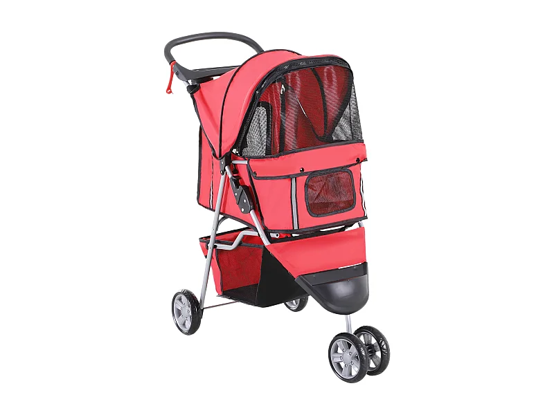 Chariot pour chien pliable et léger, en tissu Oxford, rouge, avec frein et moustiquaire (75x45x97cm)