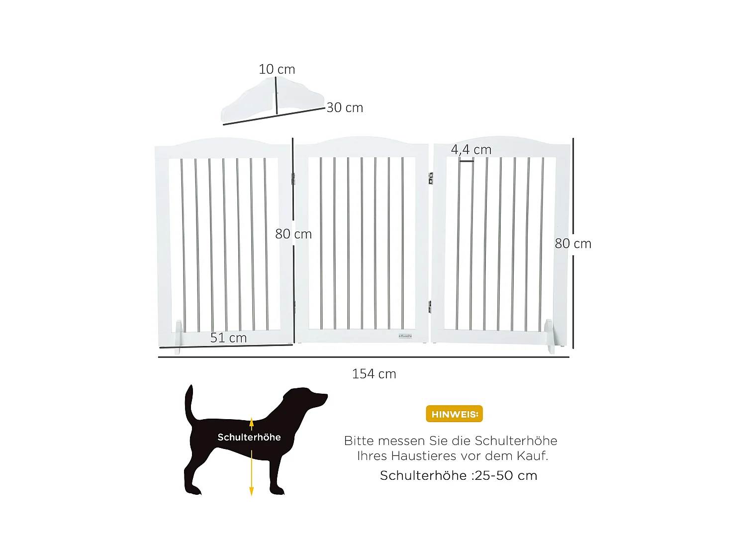 Barrière pliante pour chiens, 3 panneaux, MDF, blanc, avec support (154x30x80cm)