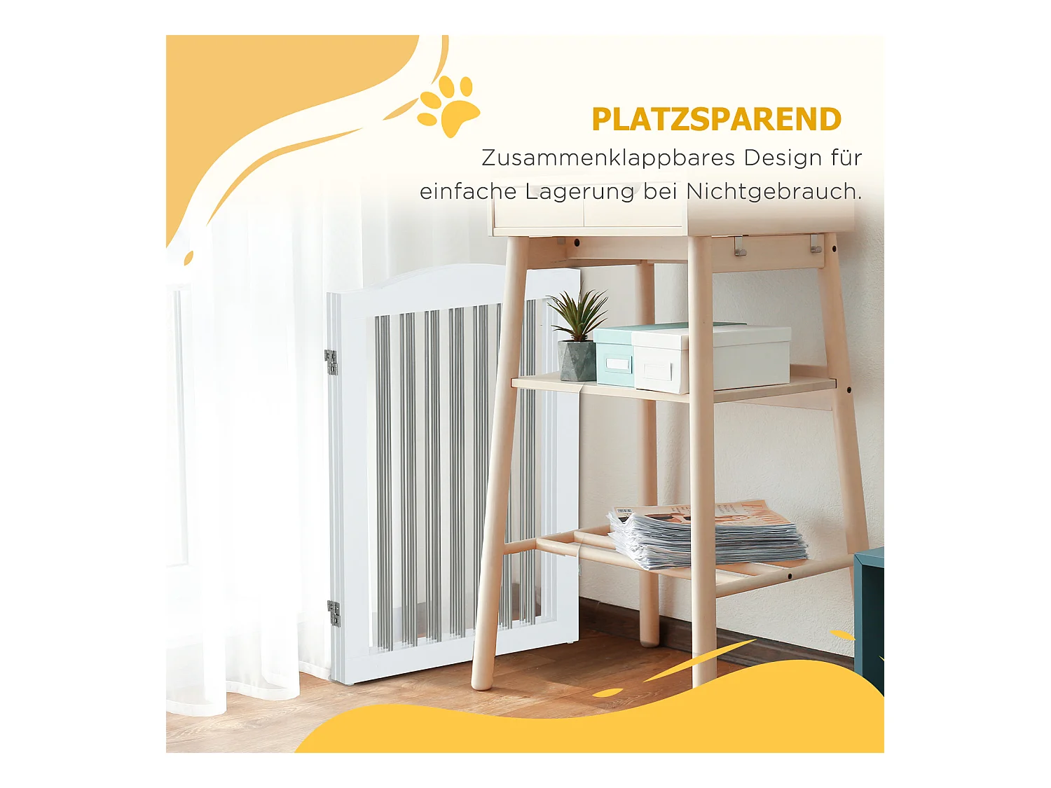 Barrière pliante pour chiens, 3 panneaux, MDF, blanc, avec support (154x30x80cm)