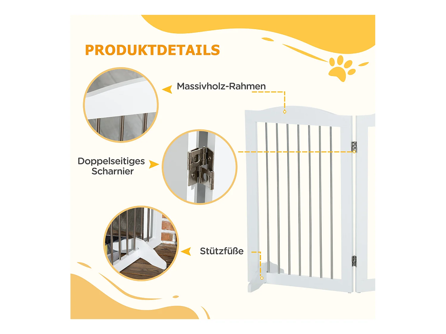 Barrière pliante pour chiens, 3 panneaux, MDF, blanc, avec support (154x30x80cm)