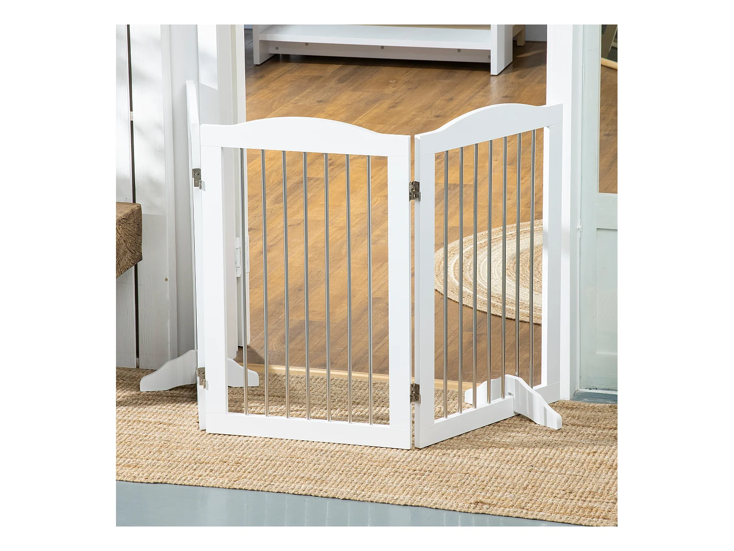 Barrière pliante pour chiens, 3 panneaux, MDF, blanc, avec support (154x30x80cm)