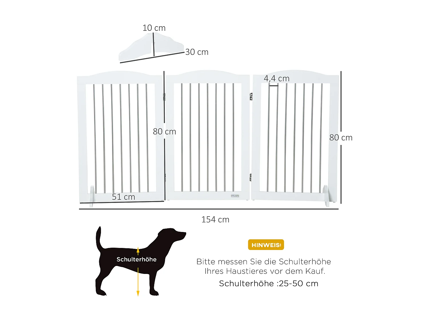 Barrière pliante pour chiens, 3 panneaux, MDF, blanc, avec support (154x30x80cm)