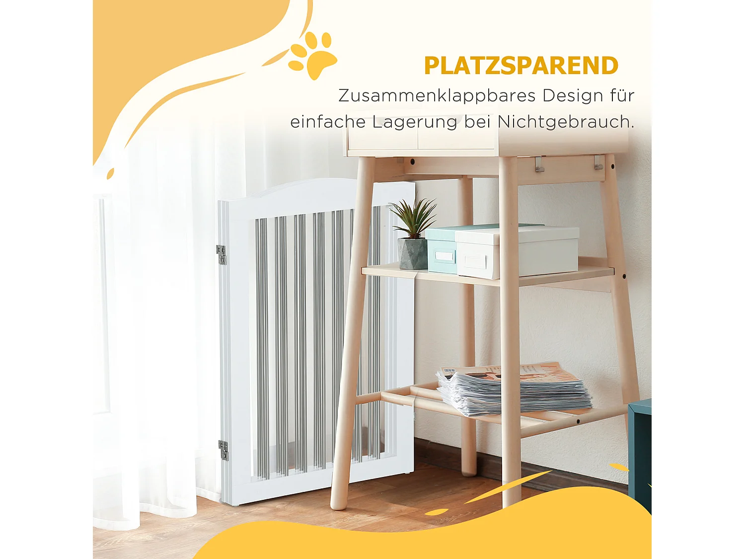 Barrière pliante pour chiens, 3 panneaux, MDF, blanc, avec support (154x30x80cm)