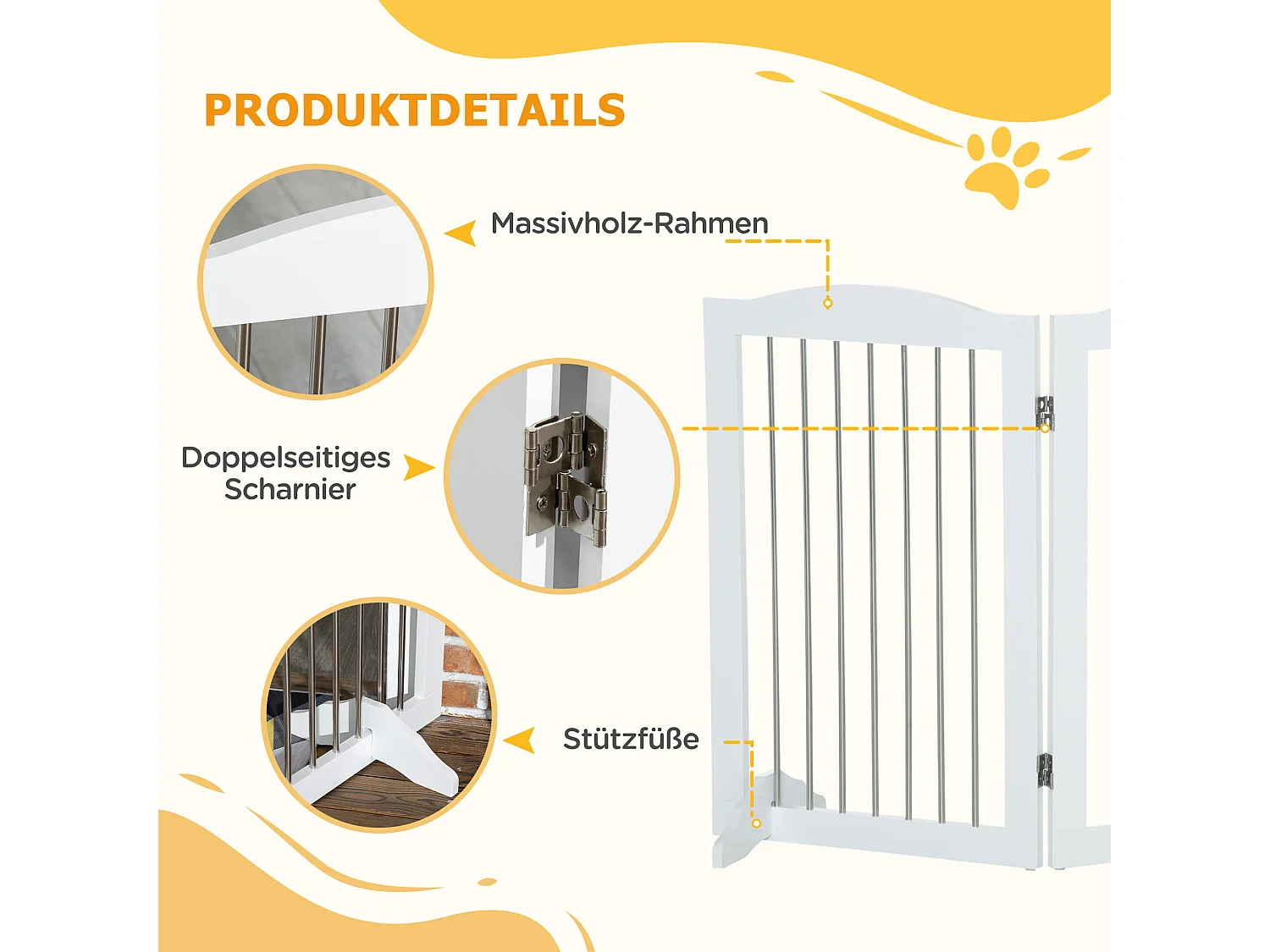 Barrière pliante pour chiens, 3 panneaux, MDF, blanc, avec support (154x30x80cm)