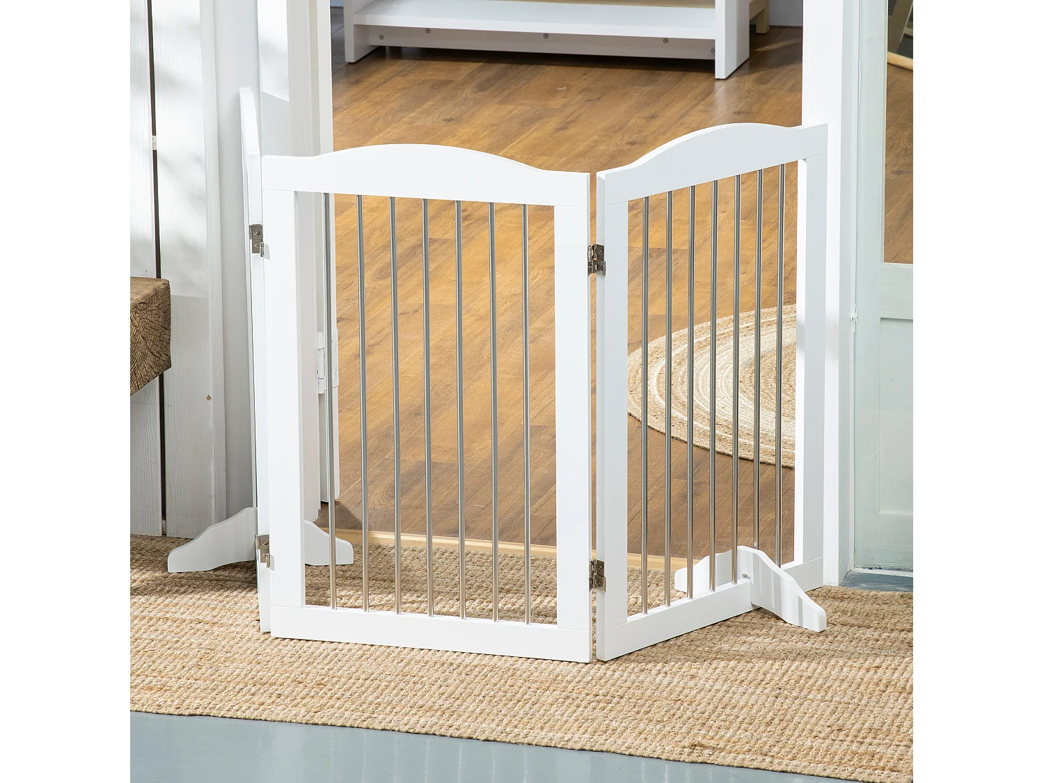 Barrière pliante pour chiens, 3 panneaux, MDF, blanc, avec support (154x30x80cm)